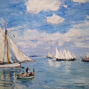 May include: Oil painting of a harbor scene with sailboats. The sky is a bright blue with white clouds. Several sailboats with white sails and blue accents are on the water. A small boat with people is in the foreground.