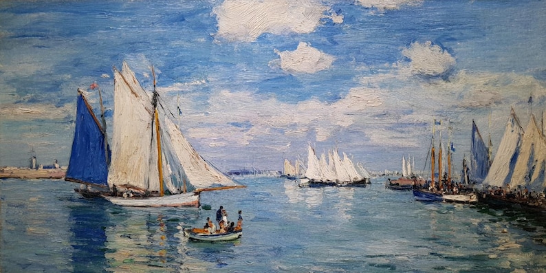 May include: Oil painting of a harbor scene with sailboats. The sky is a bright blue with white clouds. Several sailboats with white sails and blue accents are on the water. A small boat with people is in the foreground.