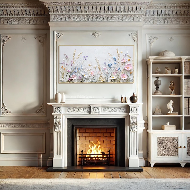 3D Textured Floral Wall Art Neutral Wildflower Painting on Canvas White ...