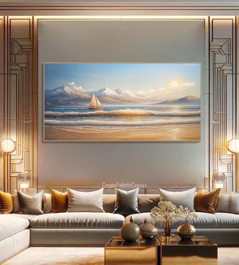 3D Frame Sea Wave Textured Wall Art Sandy Abstract Blue Sailboats Ocean