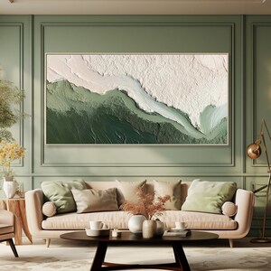 May include: Abstract painting with a green and white color scheme. The painting features a textured, layered design with a flowing, organic shape.