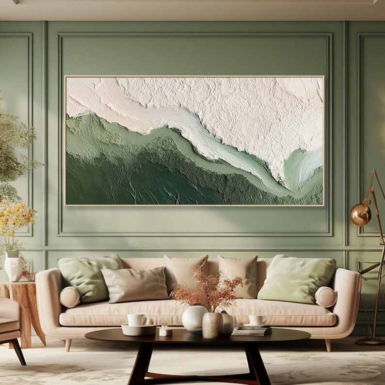 May include: Abstract painting with a green and white color scheme. The painting features a textured, layered design with a flowing, organic shape.
