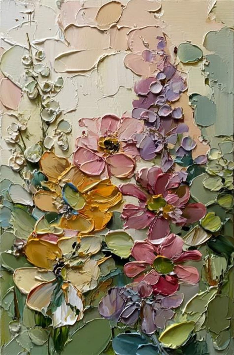 A Set of 2 Colorful Floral Texture Wall Art Painting on Canvas Hand ...