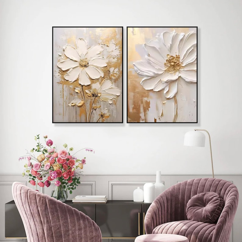 A Set of 2 Original Gold Flower Painting on Canvas Custom Framed Creamy ...
