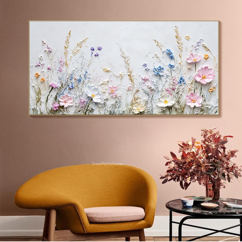 3D Textured Floral Wall Art Neutral Wildflower Painting on Canvas White ...