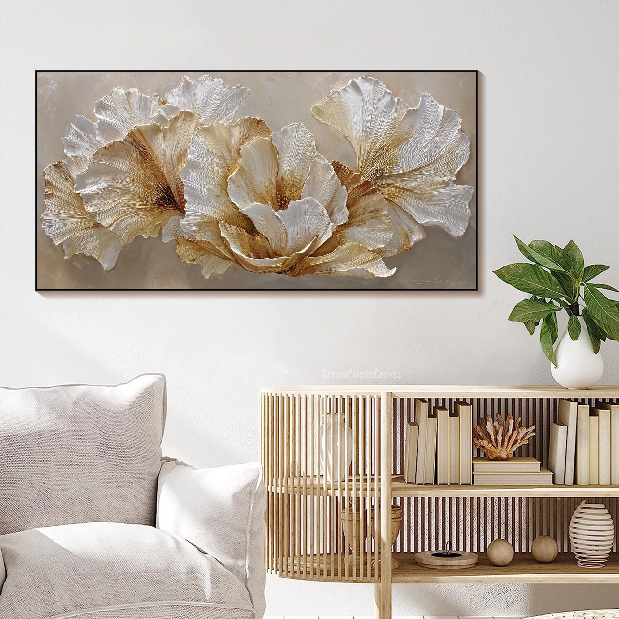 Floral Painting on Canvas 3D White Gold Flower Texture Wall Art Luxury ...