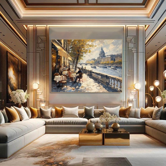 Cafe Street in Paris France,Original Customizable Cityscape Painting, Hand-Painted Textured European Wall Art,Modern Abstract Art Urban Art