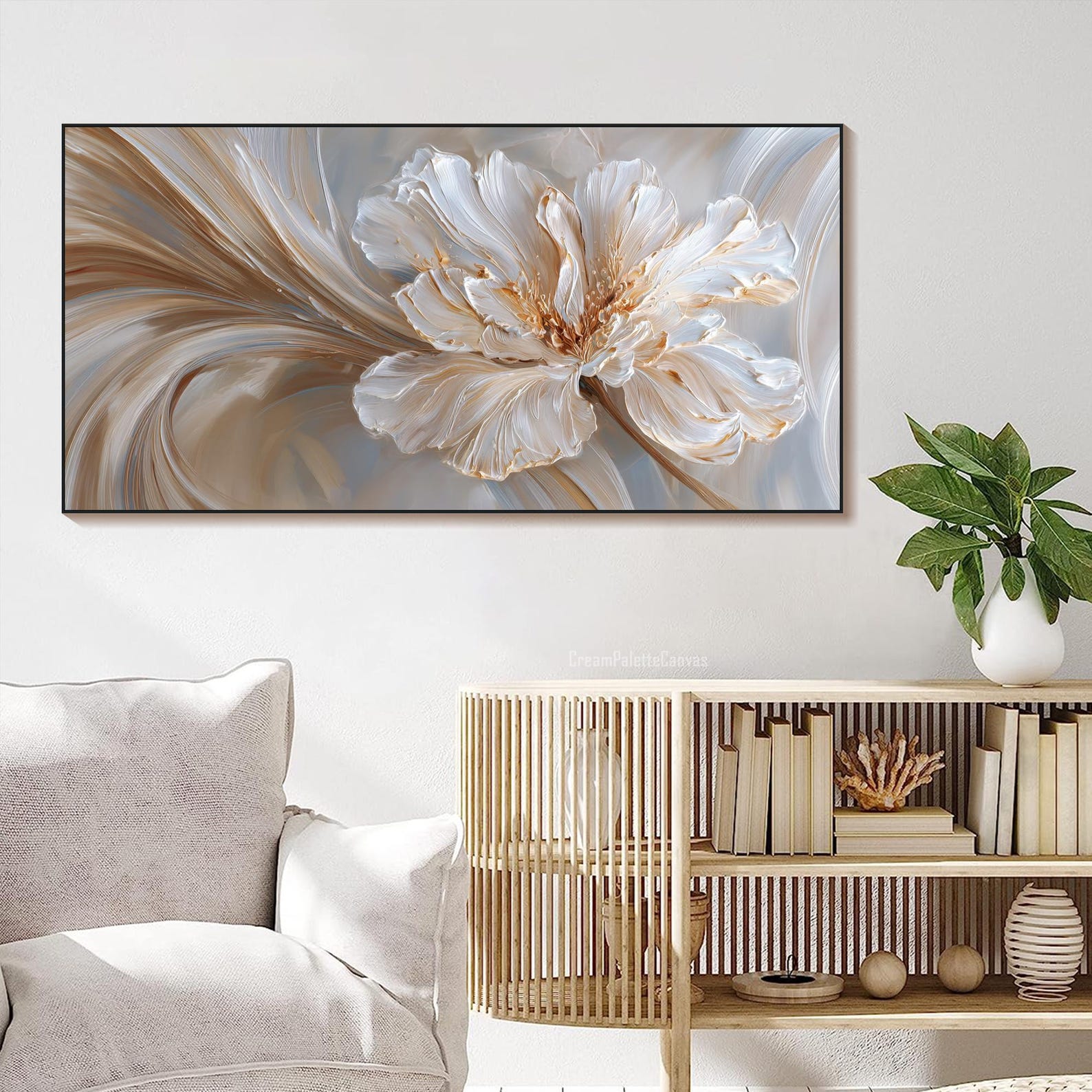 Textured Wall Art 3D Floral Art Painting on Canvas Neutral Gold ...