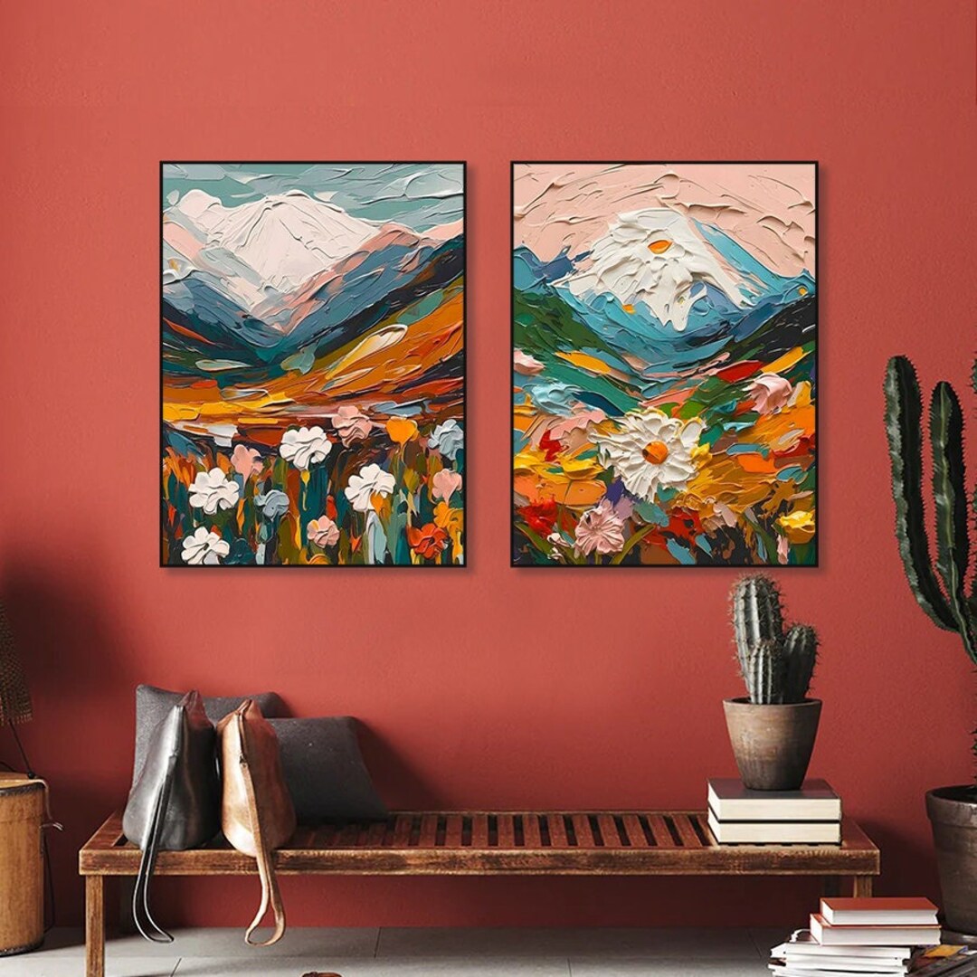 A Set of 2 Flower Oil Painting on Canvas Original Landscape Textured ...