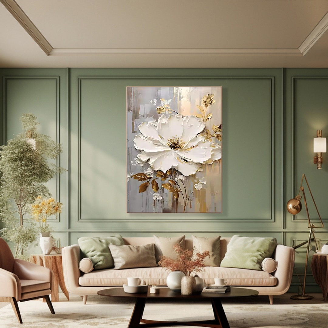 3D Original Gold Flower Painting on Canvas Framed Creamy Textured Wall ...