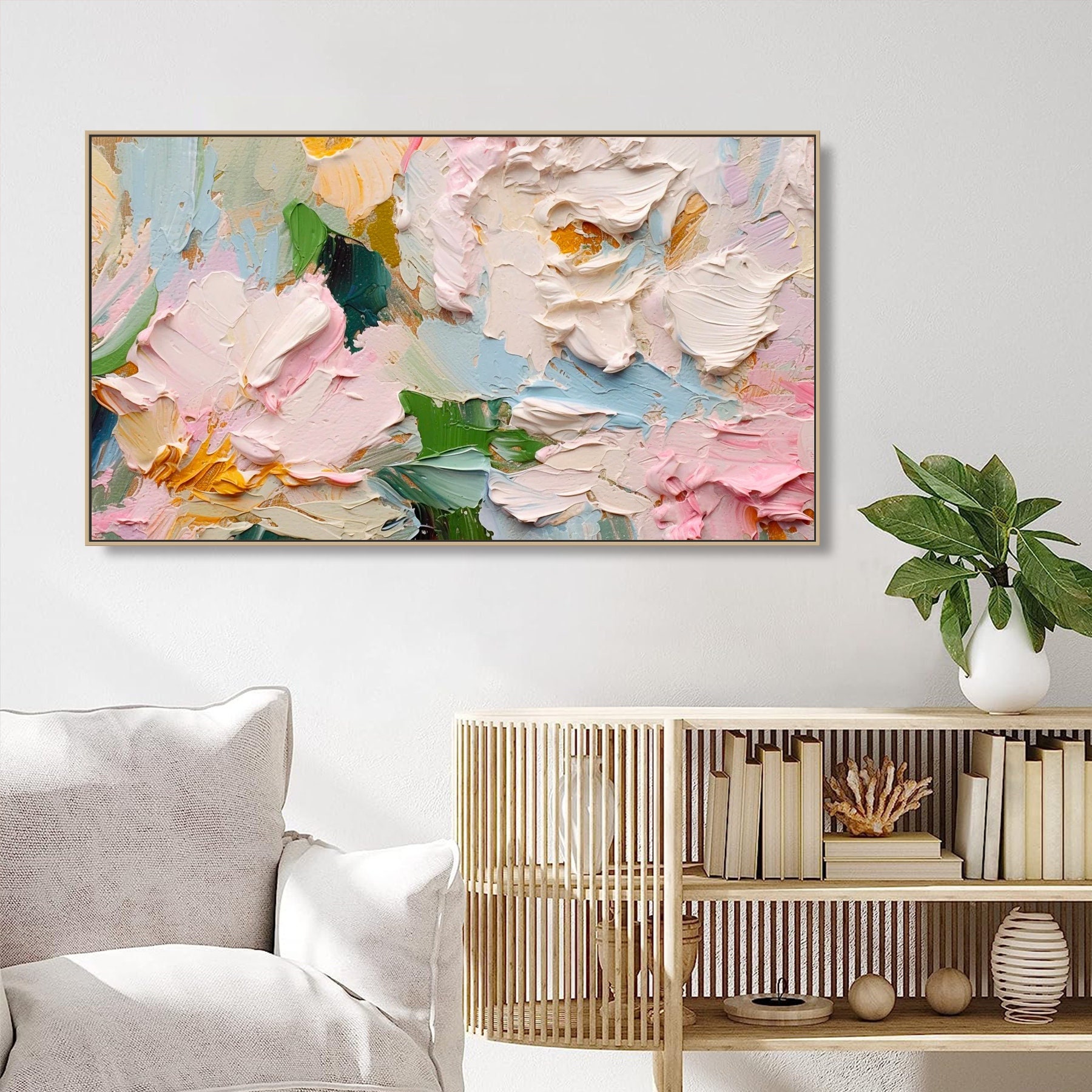 3D Vibrant Floral Abstract Textured Wall Art Colorful Impasto Oil Painting On Canvas Handmade Botanical Painting Luxury Modern Kitchen Decor