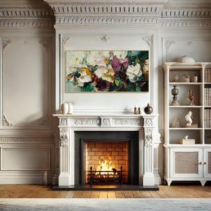 May include: A white fireplace mantel with a black fireplace and a painting of colorful flowers above it.