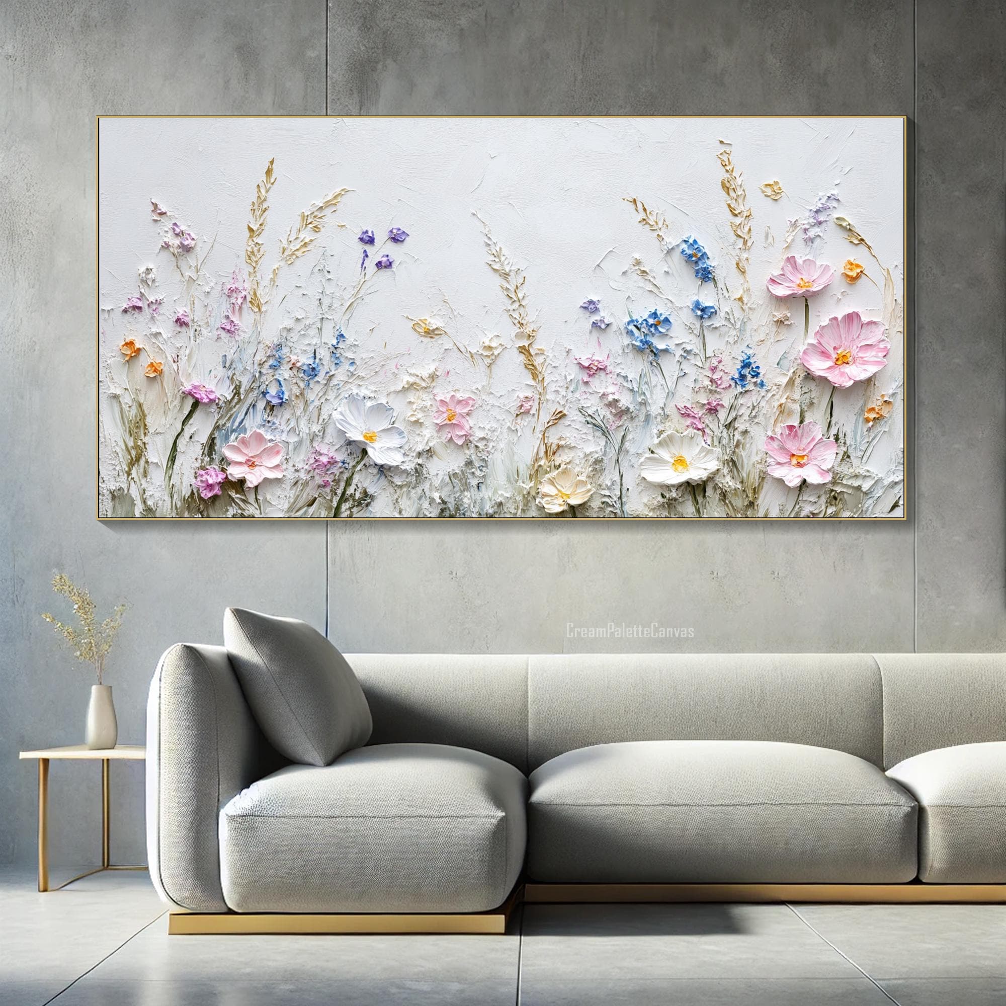 3D Textured Floral Wall Art Neutral Wildflower Painting on Canvas White ...