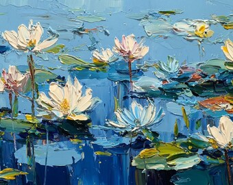 蓮の花の池の油絵テクスチャードスイレンの壁アートブルーボタニカル
