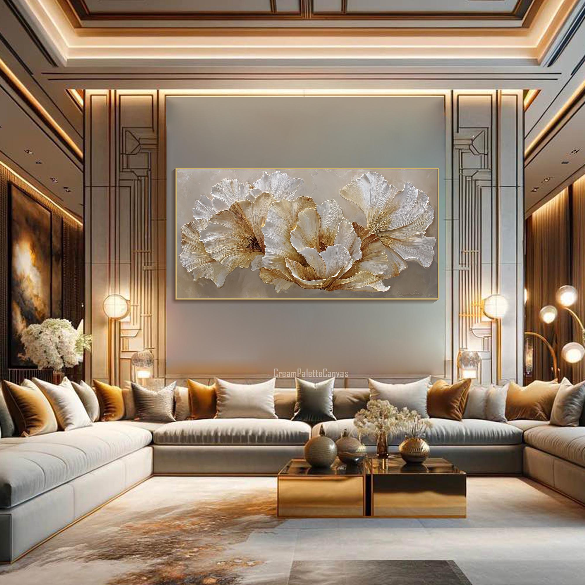 Floral Painting on Canvas 3D White Gold Flower Texture Wall Art Luxury ...