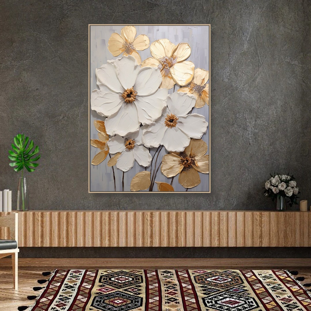 3D Original Flower Painting on Canvas Framed Creamy Textured Wall Art ...