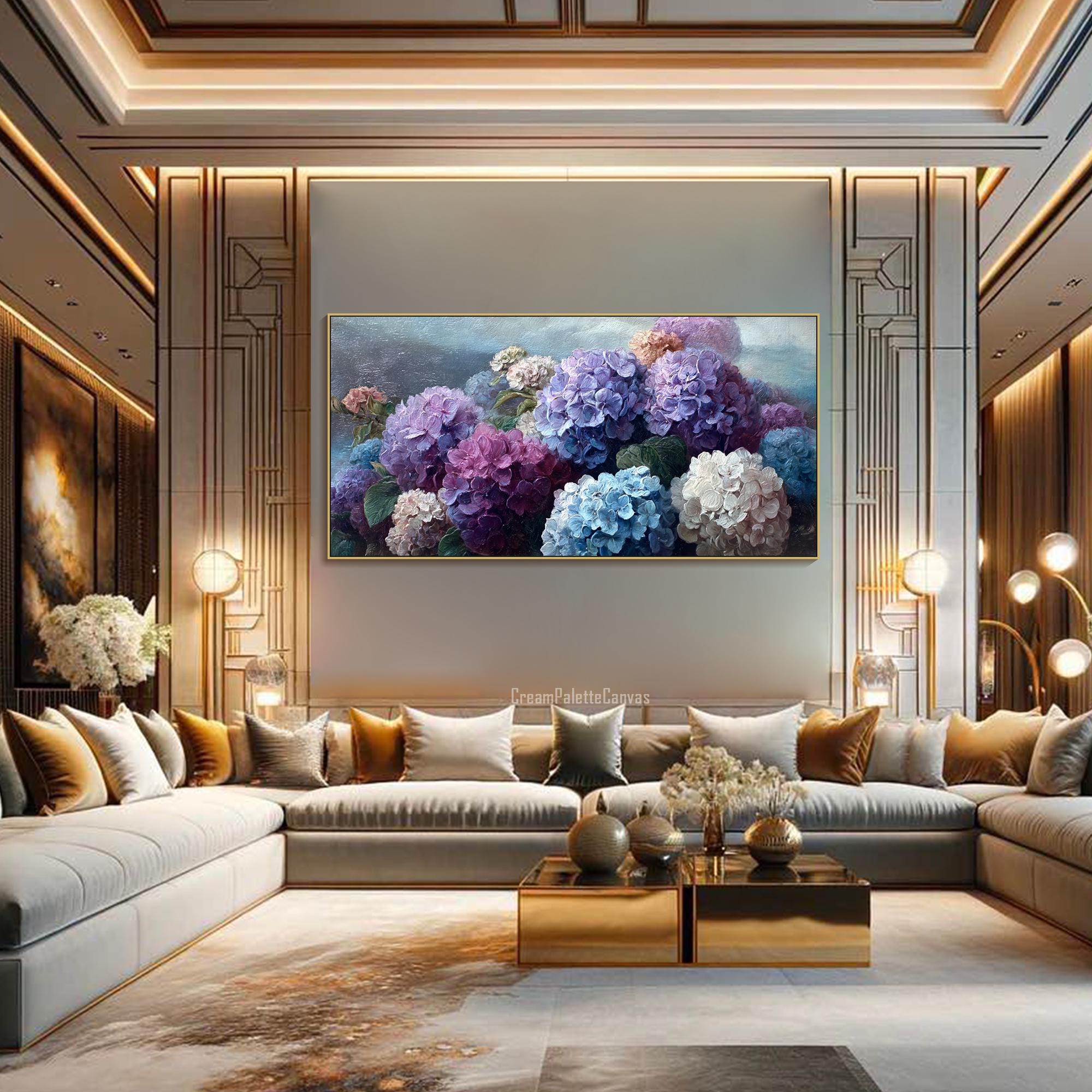Hydrangea Oil Painting on Canvas Textured Floral Wall Art Purple Blue ...