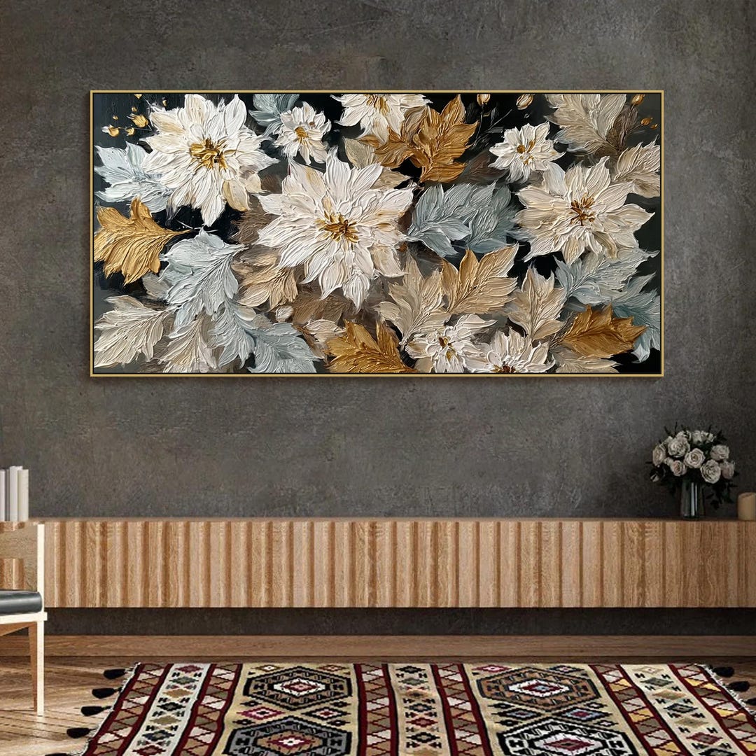 White Flower Oil Painting on Canvas Textured Gold Leaf Wall Art Modern ...