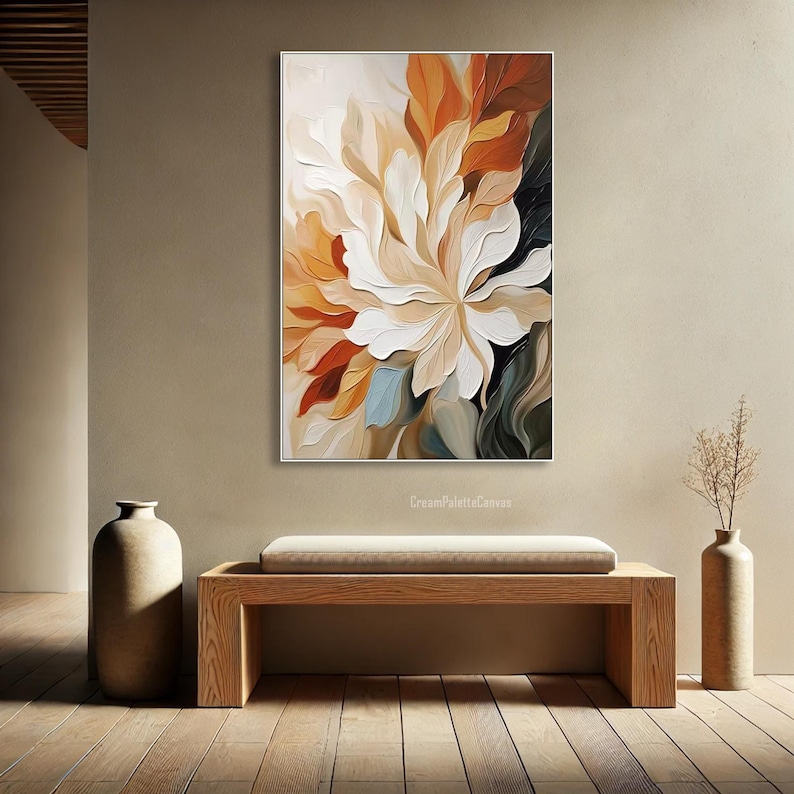 3D Leaf Abstract Textured Wall Art Neutral Beige Modern Oil Painting on ...