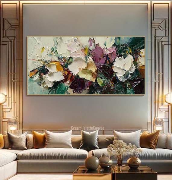 3D Abstract Heavy Palette Knife Textured Wall Art Boho Floral Hand Made Painting Large Custom Unique Wall Art Horizontal Living Room Decor