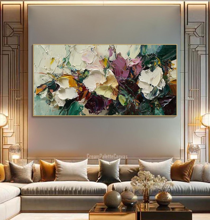 May include: Abstract painting with a colorful palette of white, green, purple, and yellow. The painting features thick brushstrokes and a textured surface. The painting is framed and hanging on a wall.