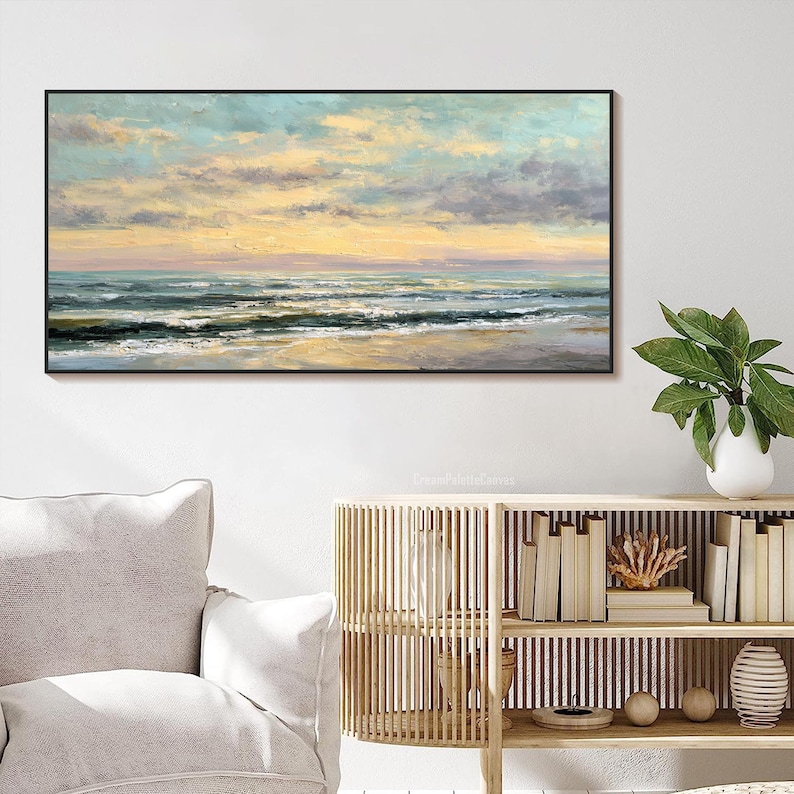 Sunset Ocean Oil Painting on Canvas Textured Golden Wall Art Large ...