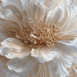 May include: Close-up of a large, abstract floral painting. The artwork features a central bloom with white, textured petals and a golden-brown center. The background has soft, beige tones.