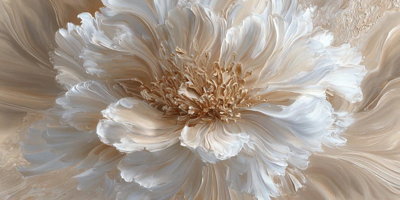 May include: Close-up of a large, abstract floral painting. The artwork features a central bloom with white, textured petals and a golden-brown center. The background has soft, beige tones.