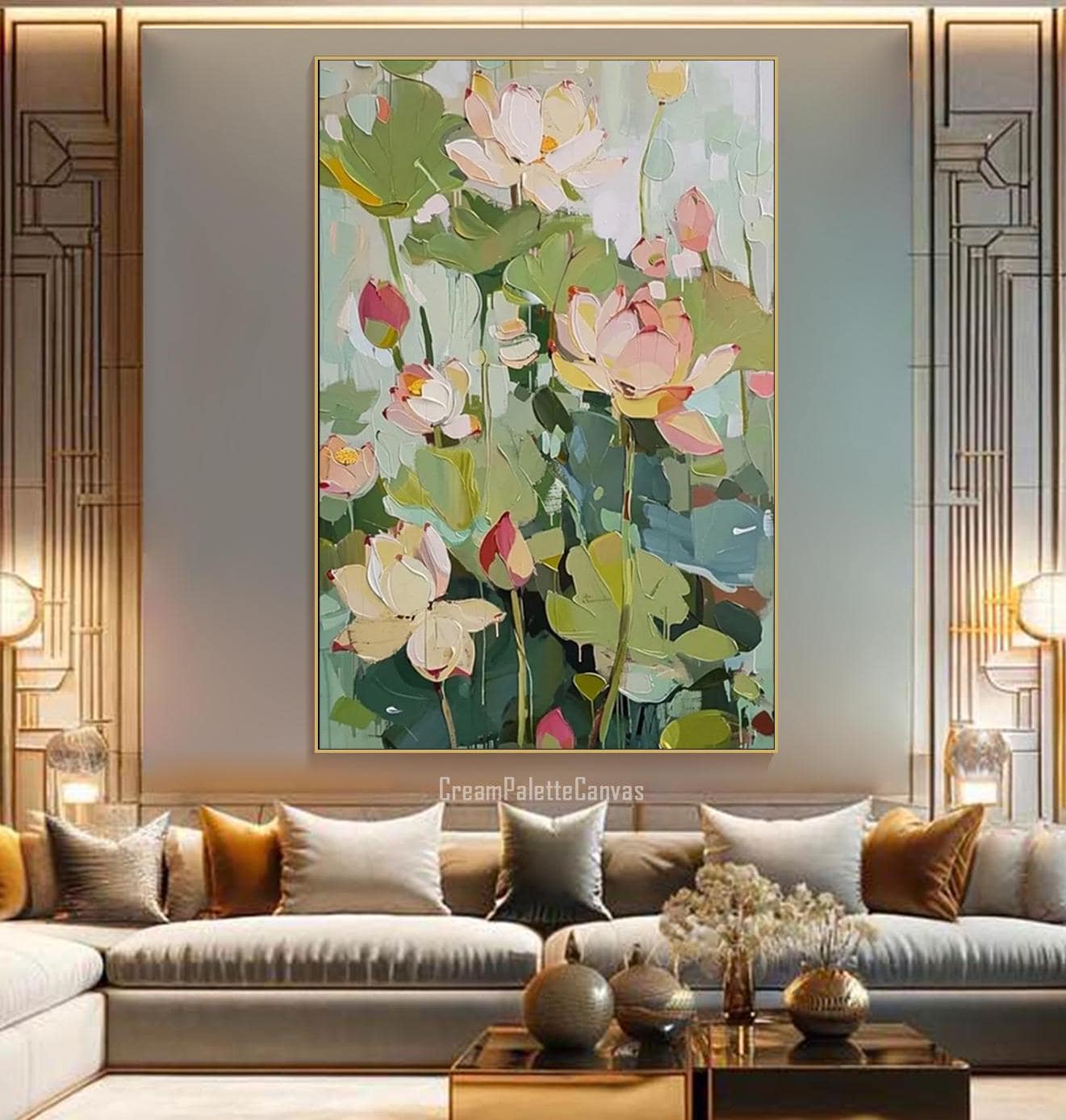 3D Lotus Green Flower Blossom Oil Painting On Canvas Floral Nature Inspired Textured Wall Art Abstract Elegant Modern Art Bedroom Wall Decor