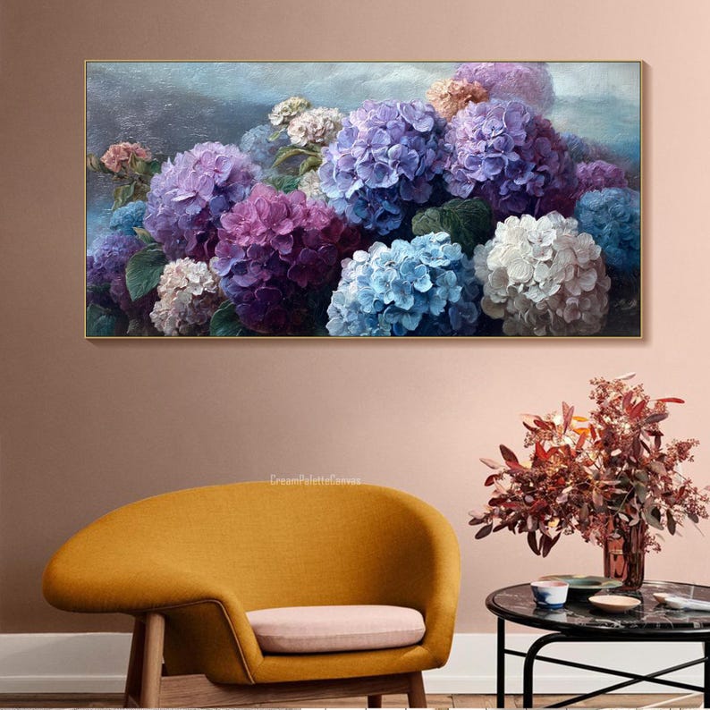 Hydrangea Oil Painting on Canvas Textured Floral Wall Art Purple Blue ...