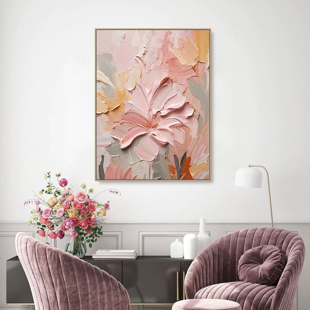 3D Original Flower Painting on Canvas Creamy Textured Wall Art Abstract ...