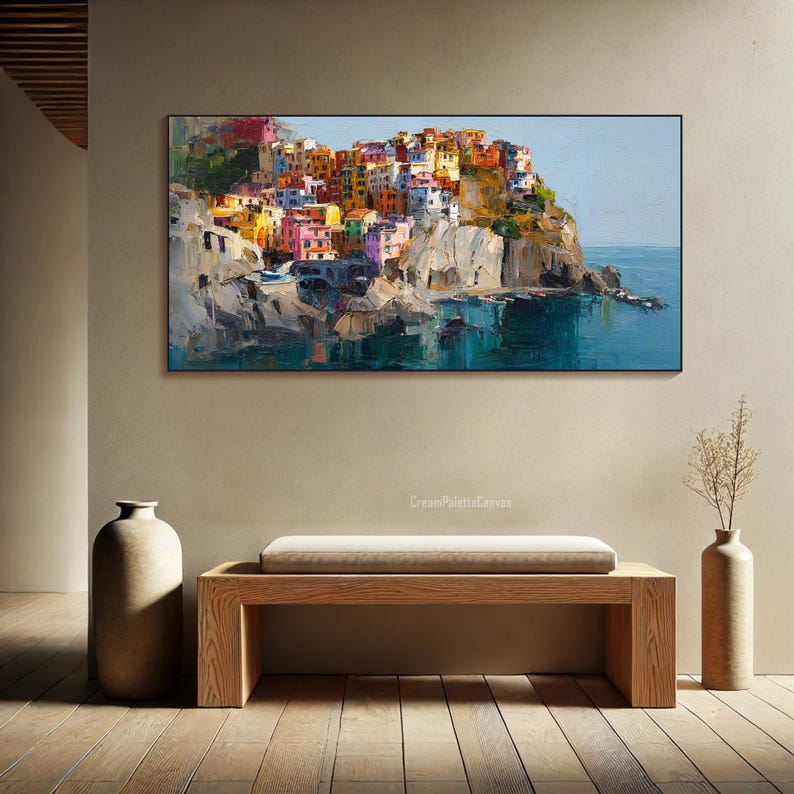 Colorful Coastal Village Painting on Canvas Cliffside Seaside Town Art ...