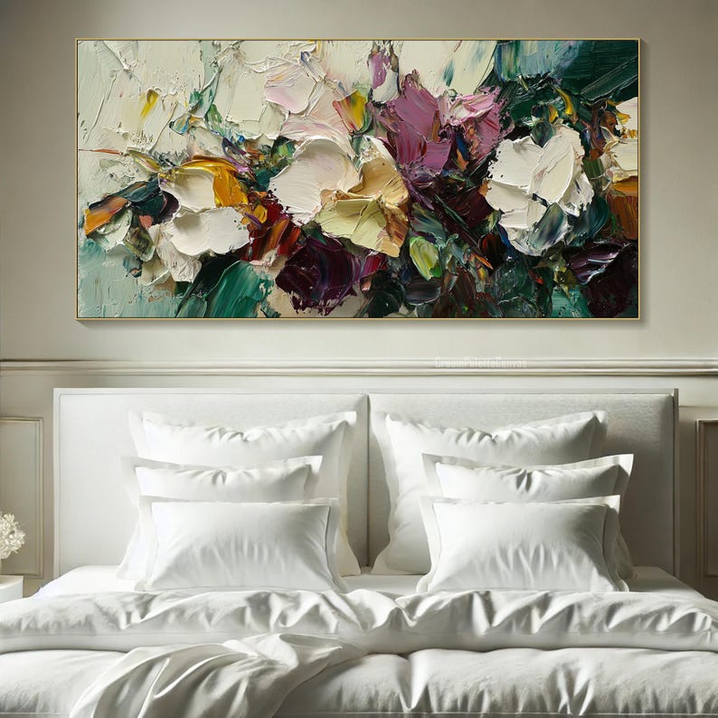 May include: Abstract painting with bold strokes of white, yellow, green, purple, and burgundy paint. The painting has a textured, almost 3D effect.