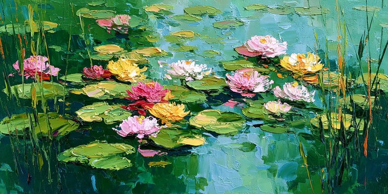3D Water Lily Pond Oil Painting on Canvas Lotus Flower Textured Wall ...