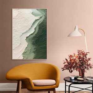 May include: Abstract painting with a white and green color scheme. The painting has a textured surface and a modern style.