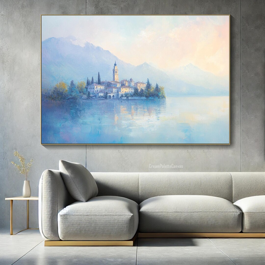 Lakeside Village Oil Painting on Canvas 3D Texture Wall Art Vintage ...