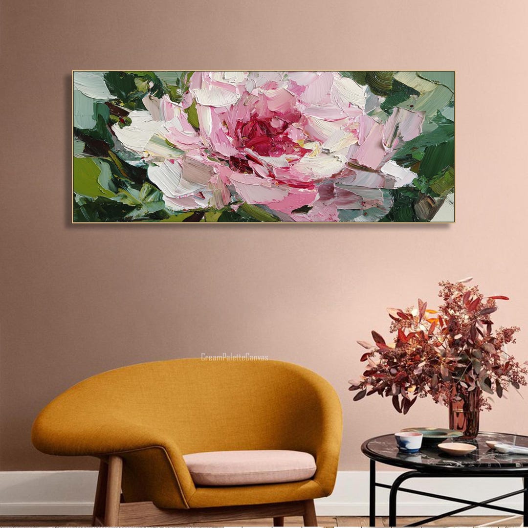 Peony Painting on Canvas Pink Floral Textured Wall Art Palette Knife ...