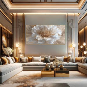May include: A large, rectangular canvas art piece depicting a close-up of a white and beige flower with a golden center. The artwork is displayed in a luxurious living room setting with neutral-toned furniture and decor.