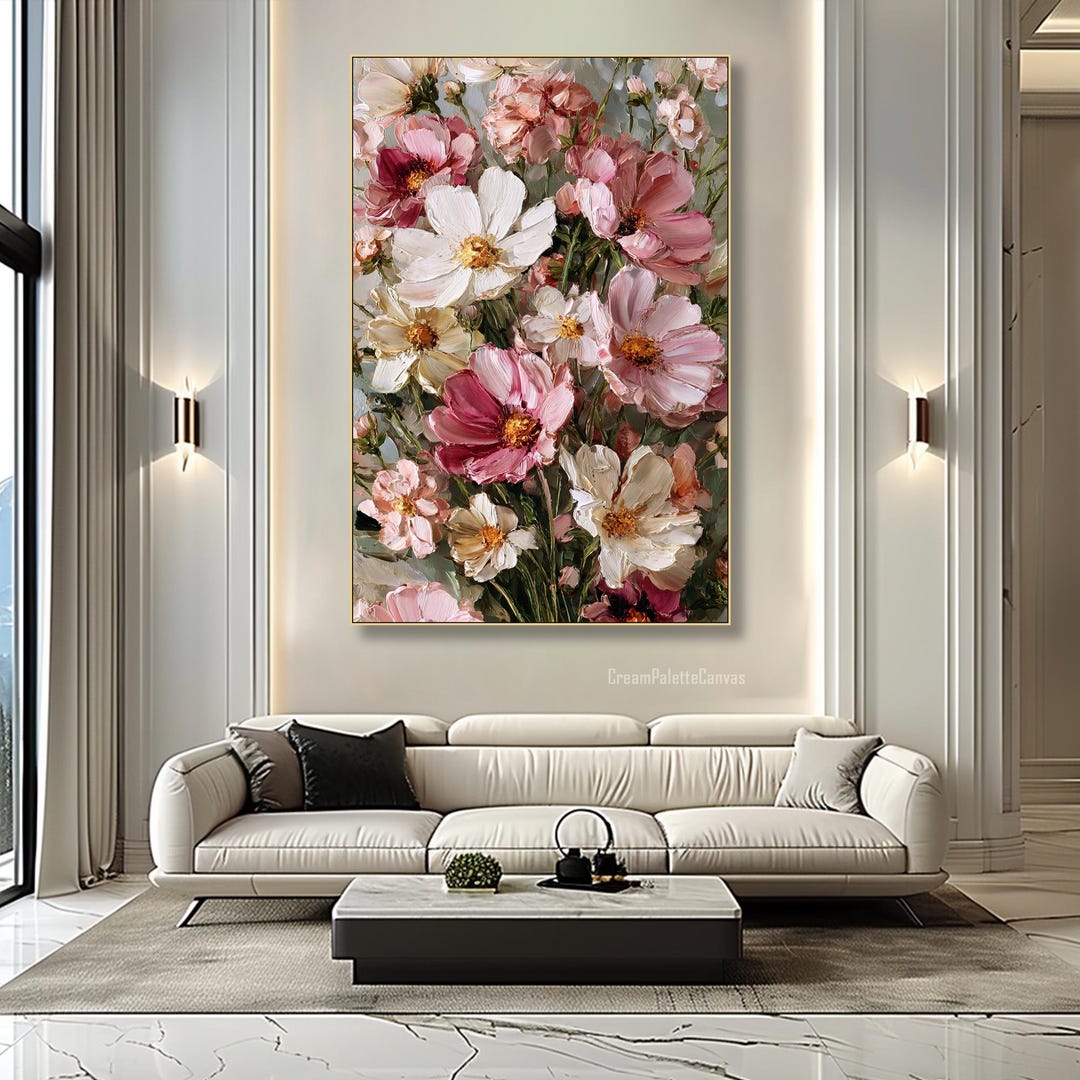 Pink White Floral Texture Wall Art Heavy Flower Painting on Canvas ...