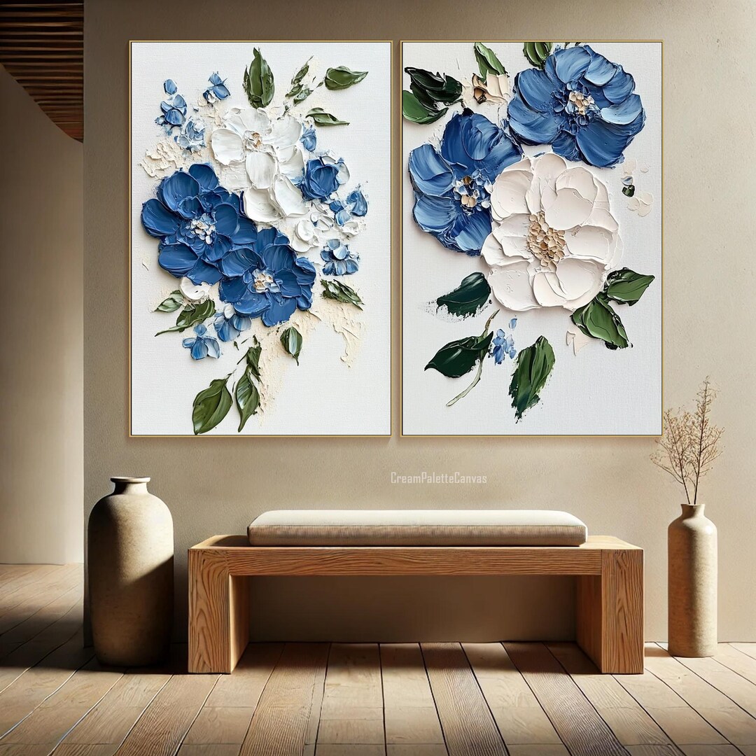 Blue Flower Textured Wall Art 3D Elegant A Set of 2 Floral Oil Painting ...