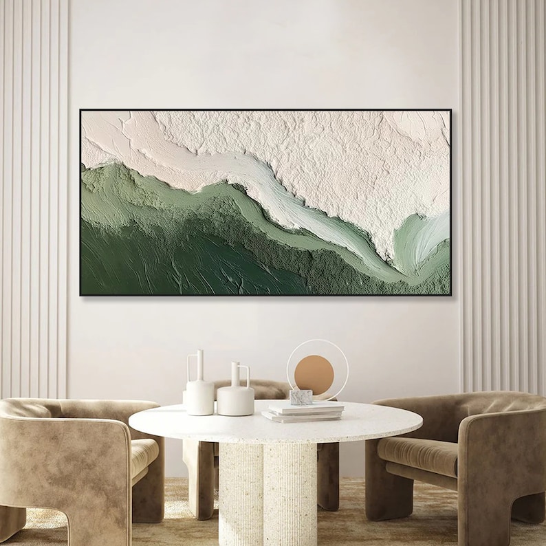 May include: Abstract painting with a white and green color scheme. The painting features a textured, layered design with a flowing, organic shape.