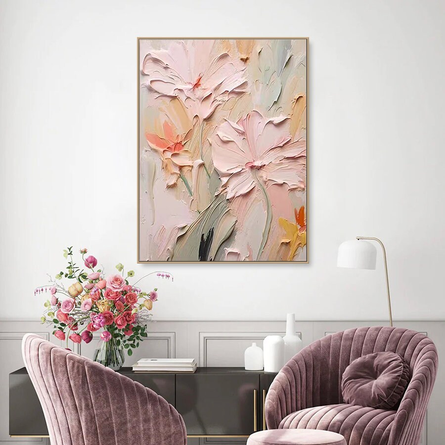 3D Original Flower Painting on Canvas Creamy Textured Wall Art Pink ...