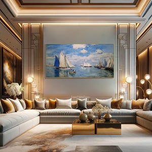 May include: A large framed painting of sailboats on the water hangs above a modern sectional sofa. The painting features blue skies, white clouds, and sailboats with white sails and blue accents. The room has gold accents and modern lighting.