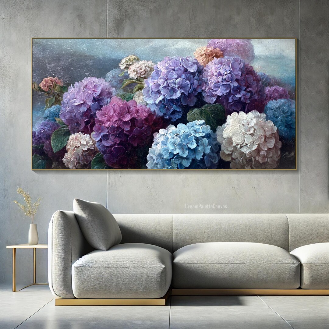 Hydrangea Oil Painting on Canvas Textured Floral Wall Art Purple Blue ...
