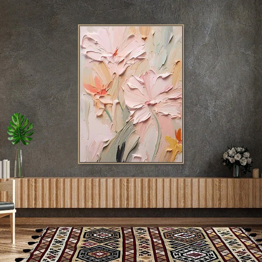 3D Original Flower Painting on Canvas Creamy Textured Wall Art Pink ...