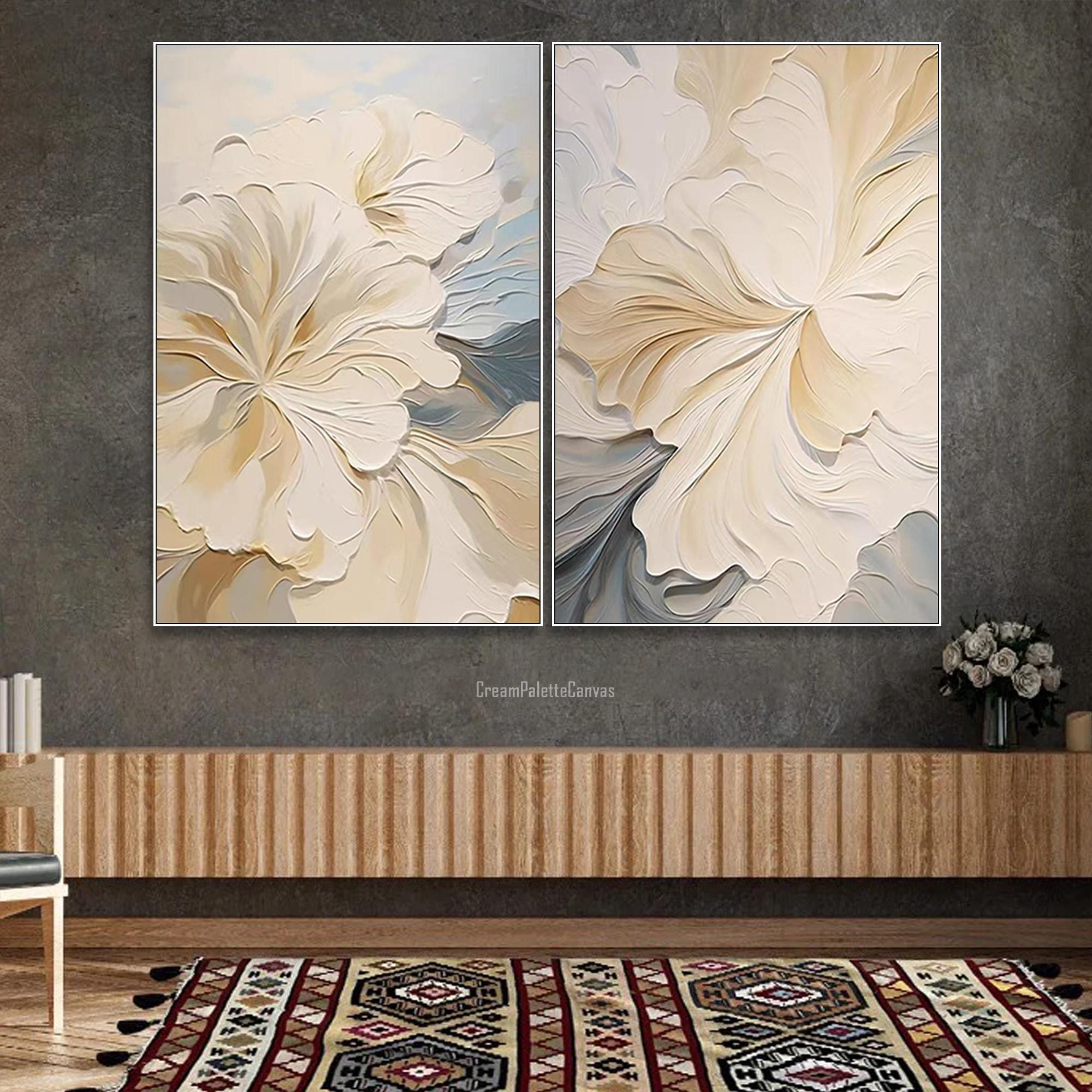 3D Textured Floral Wall Art Set White Flower Pastel Oil Painting on ...