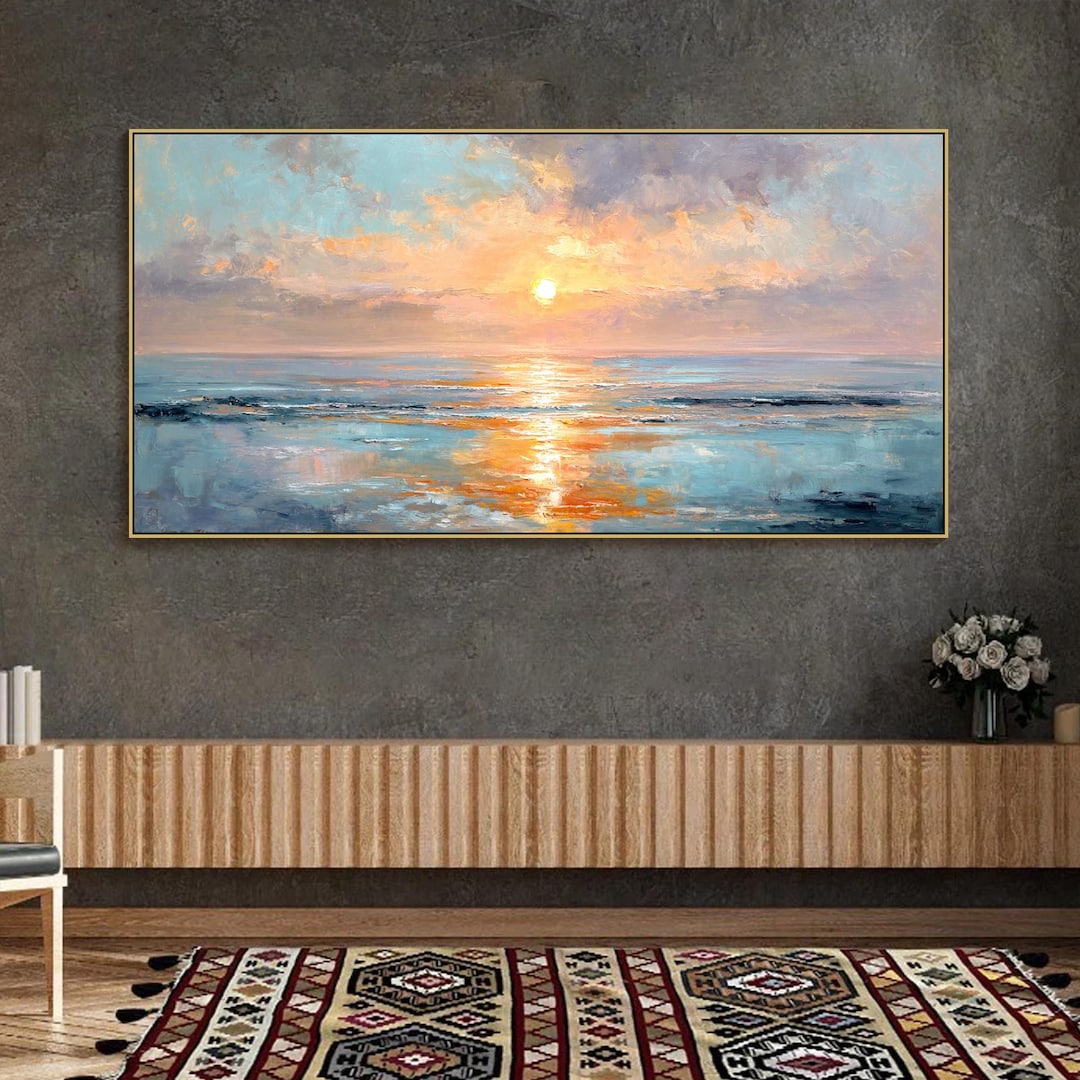 Large Abstract Sunset Ocean Oil Painting on Canvas Textured Seascape ...