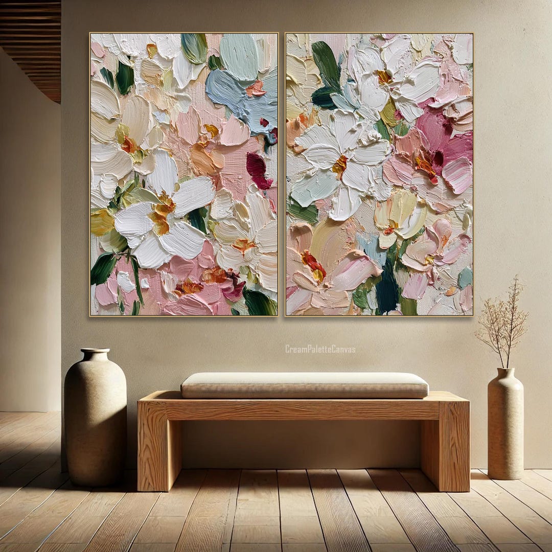 Colorful Textured Floral Oil Painting on Canvas White Pink Flower ...