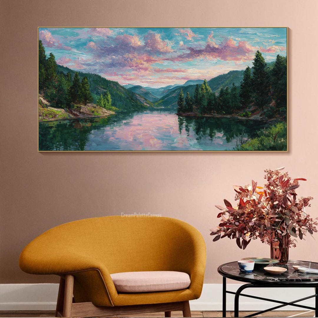 Mountain Lake Painting on Canvas Sunset Reflection Landscape Textured ...