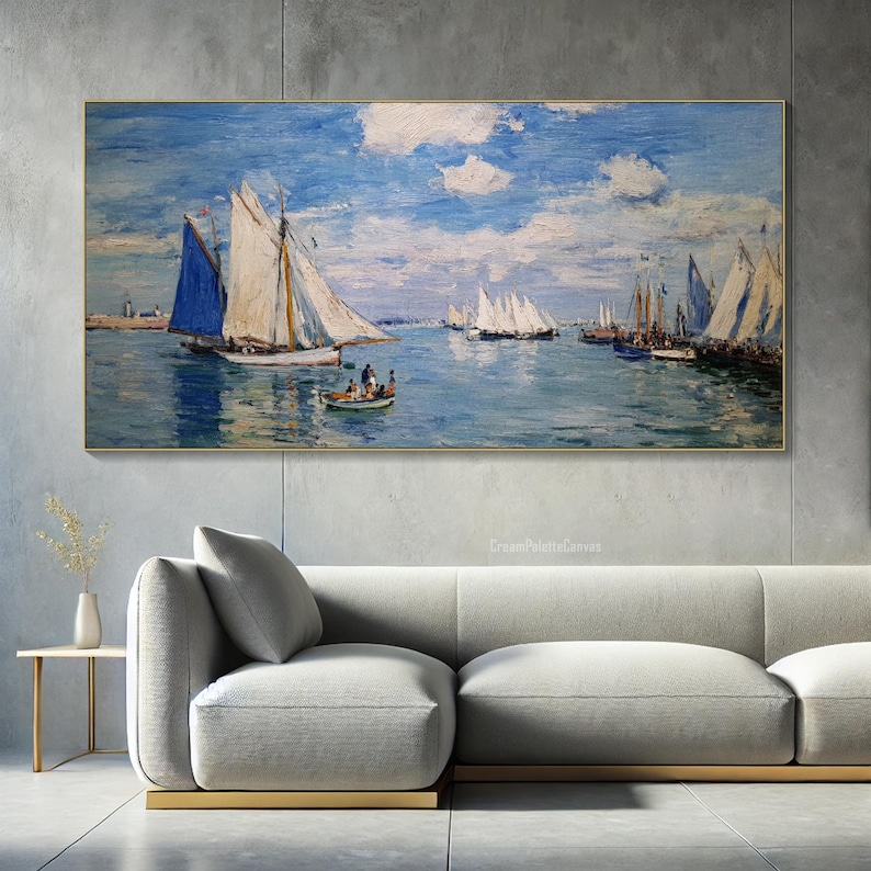 May include: An oil painting depicts a serene seascape with sailboats under a bright blue sky dotted with fluffy white clouds. The boats have white sails and are sailing on calm, blue water. A small boat with people is in the foreground.